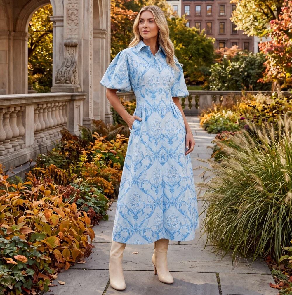 Trish Scully Lauretta Dress Light Blue Damask Extra Large XL